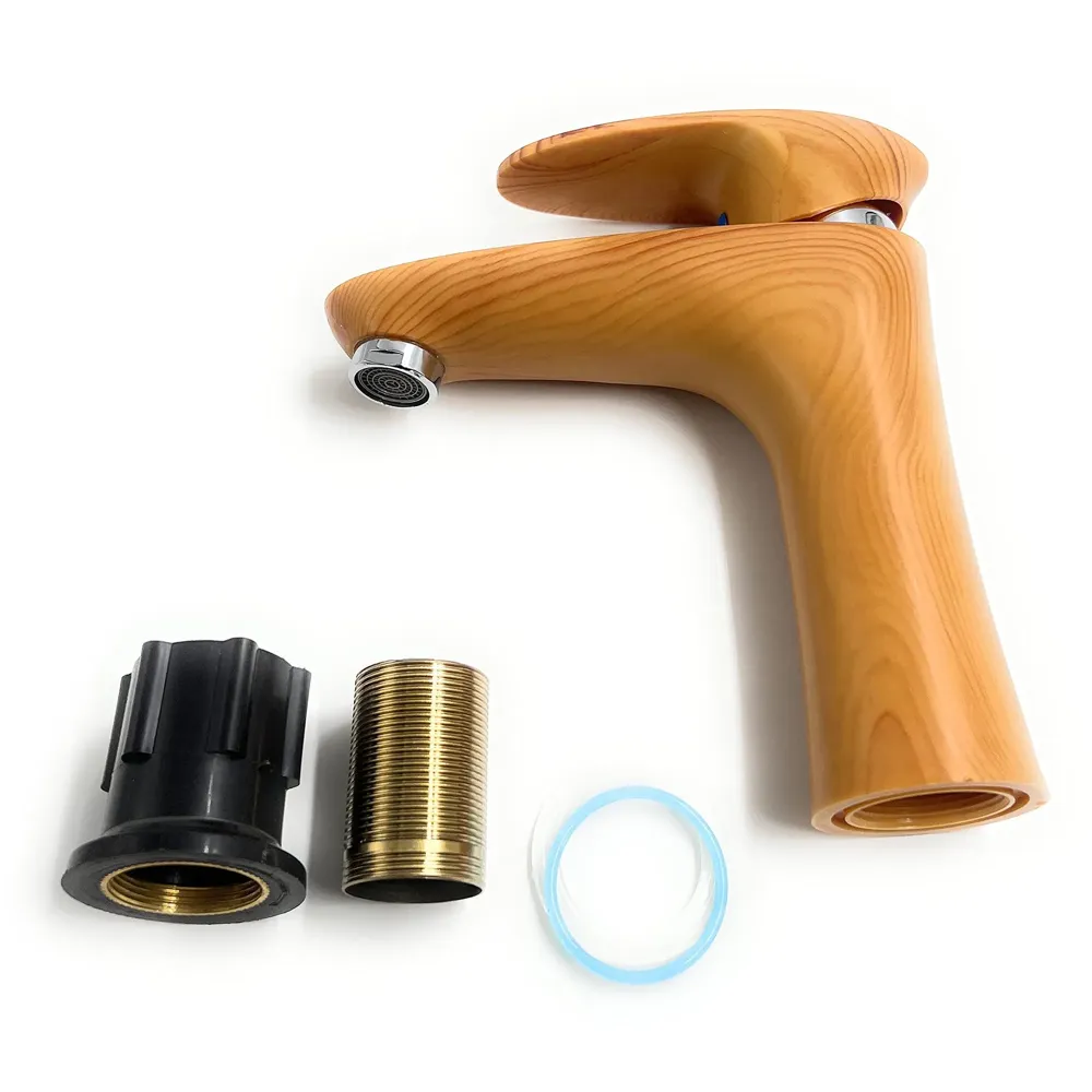 PVC Brown Antique Basin Tap Faucet Mixer Wood Design for Bathroom Toilet Wash Basins Hot and Cold Water (Short Body - 7 Inches)