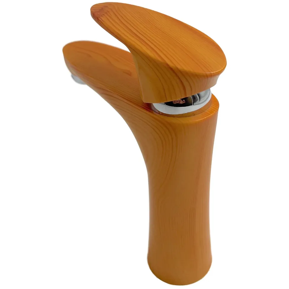 PVC Brown Antique Basin Tap Faucet Mixer Wood Design for Bathroom Toilet Wash Basins Hot and Cold Water (Short Body - 7 Inches)