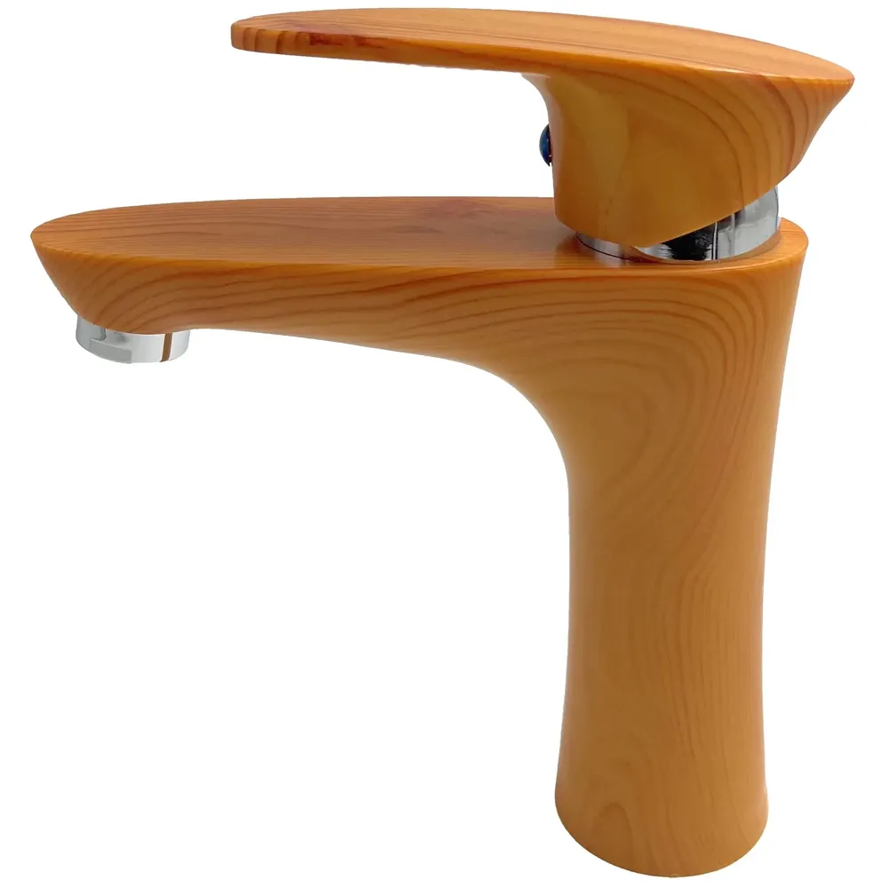 PVC Brown Antique Basin Tap Faucet Mixer Wood Design for Bathroom Toilet Wash Basins Hot and Cold Water (Short Body - 7 Inches)