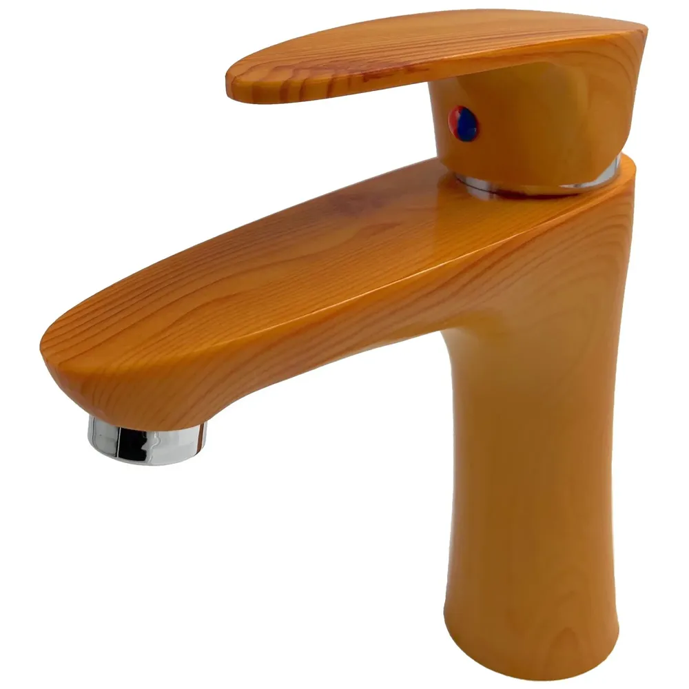 PVC Brown Antique Basin Tap Faucet Mixer Wood Design for Bathroom Toilet Wash Basins Hot and Cold Water (Short Body - 7 Inches)