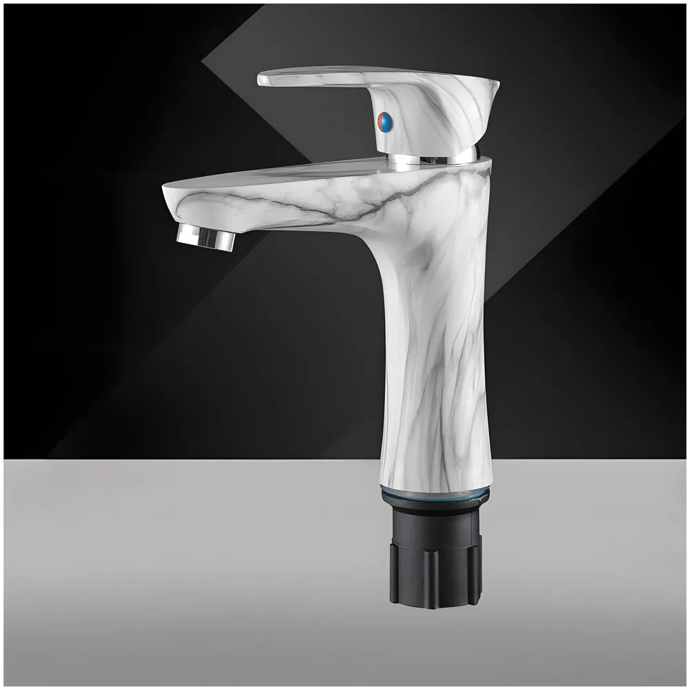 PVC Basin Tap Faucet Mixer White Marble Design for Bathroom Toilet Wash Basins Hot and Cold Water Tap Short Body - 7 Inches