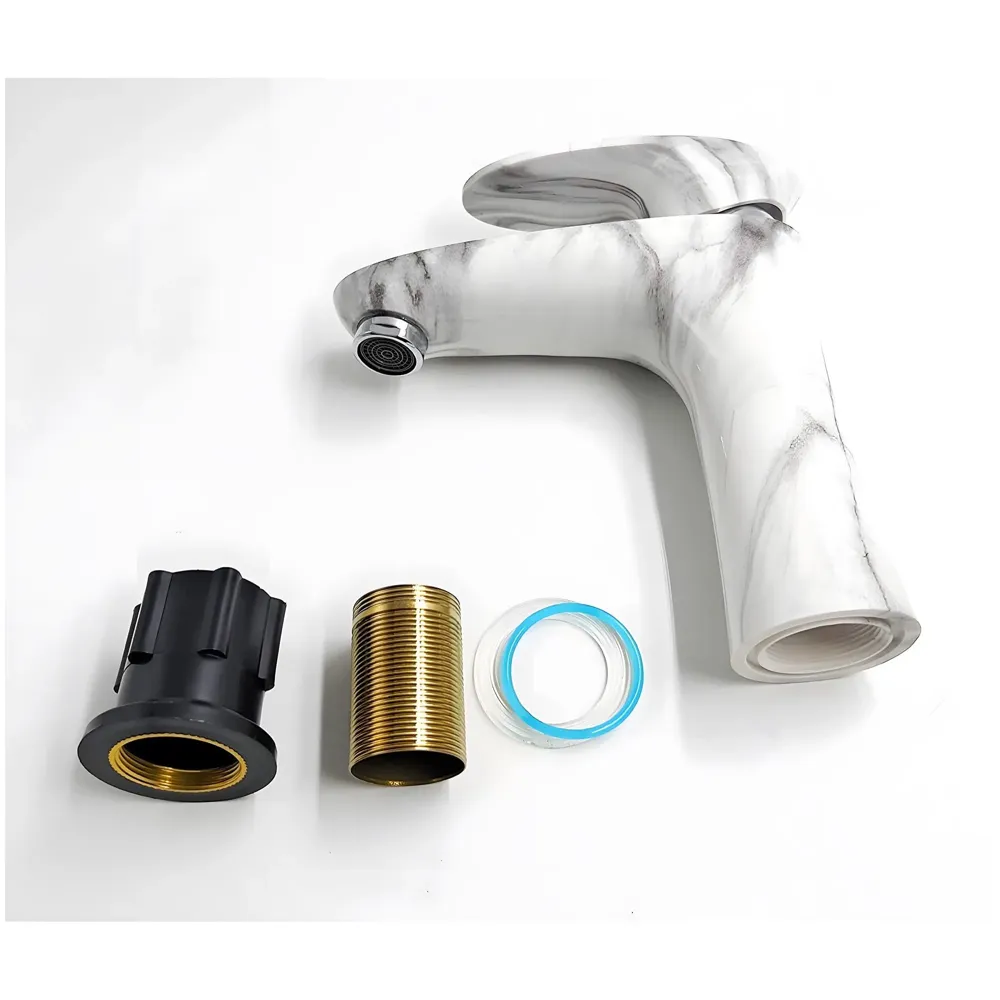 PVC Basin Tap Faucet Mixer White Marble Design for Bathroom Toilet Wash Basins Hot and Cold Water Tap Short Body - 7 Inches