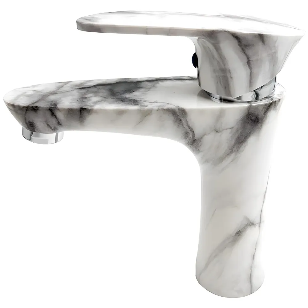 PVC Basin Tap Faucet Mixer White Marble Design for Bathroom Toilet Wash Basins Hot and Cold Water Tap Short Body - 7 Inches