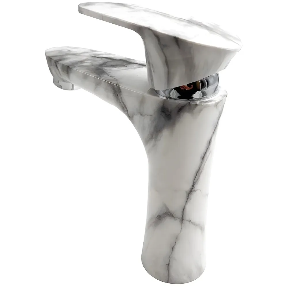 PVC Basin Tap Faucet Mixer White Marble Design for Bathroom Toilet Wash Basins Hot and Cold Water Tap Short Body - 7 Inches