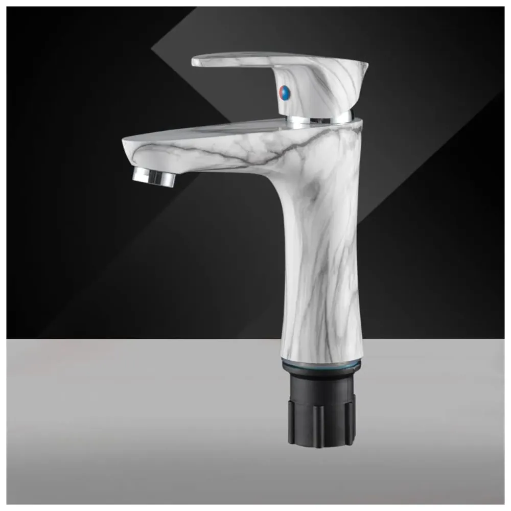 PVC Basin Tap Faucet Mixer White Marble Design for Bathroom Toilet Wash Basins Hot and Cold Water Tap Short Body - 7 Inches