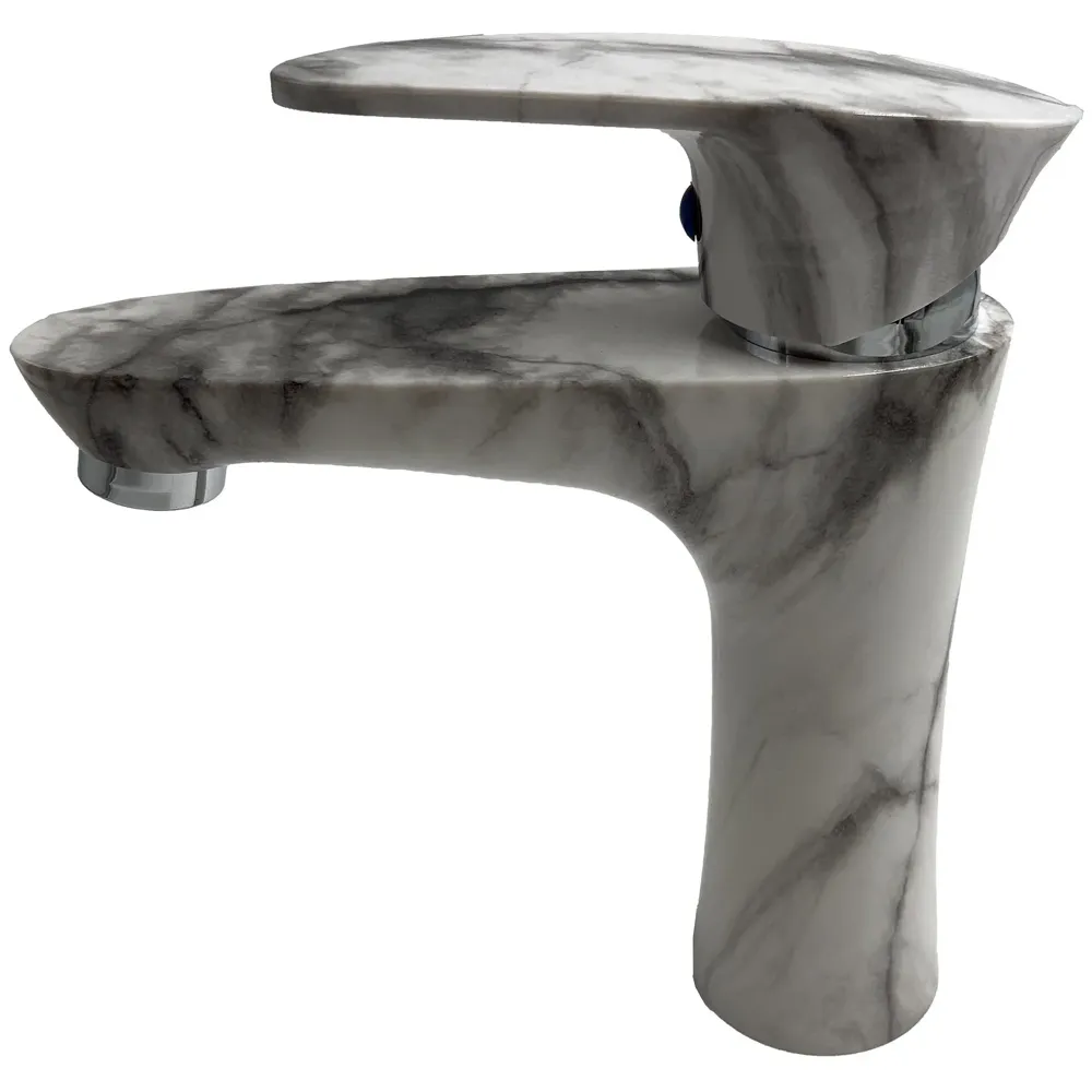 PVC Basin Tap Faucet Mixer White Marble Design for Bathroom Toilet Wash Basins Hot and Cold Water Tap Short Body - 7 Inches
