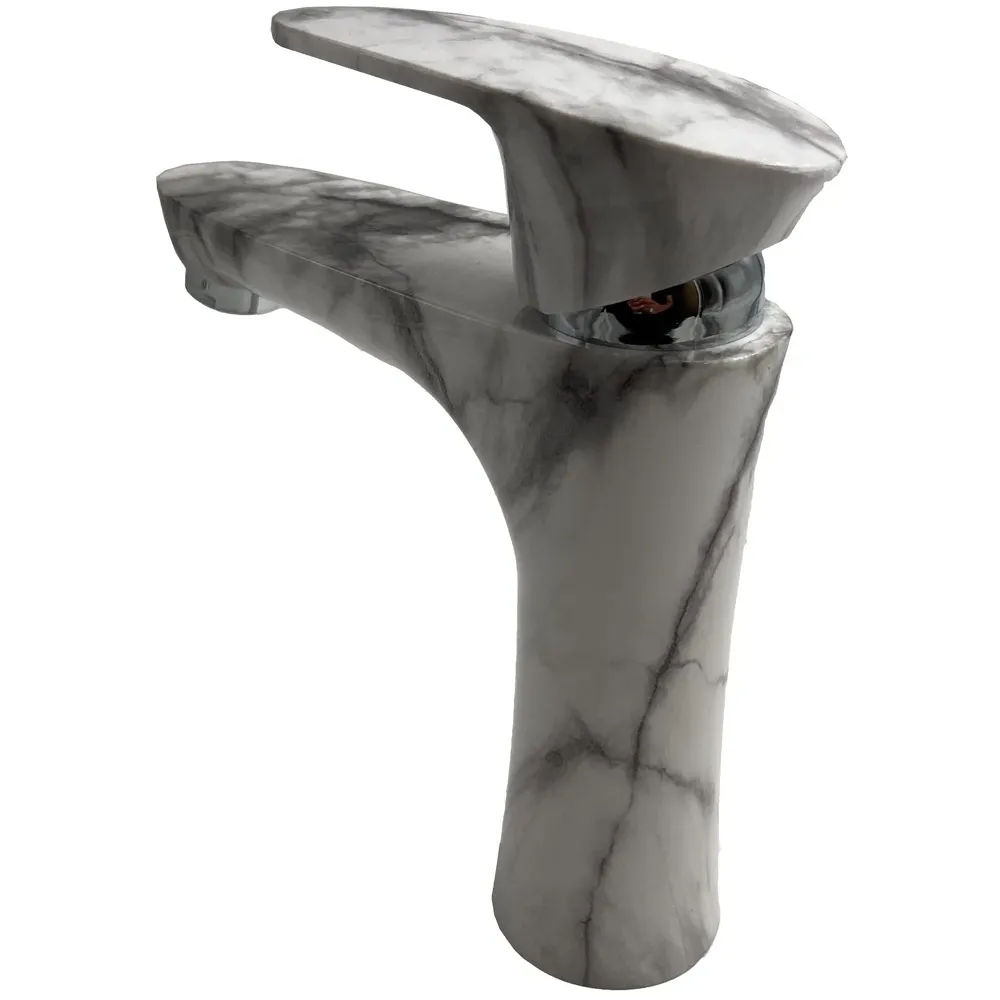 PVC Basin Tap Faucet Mixer White Marble Design for Bathroom Toilet Wash Basins Hot and Cold Water Tap Short Body - 7 Inches