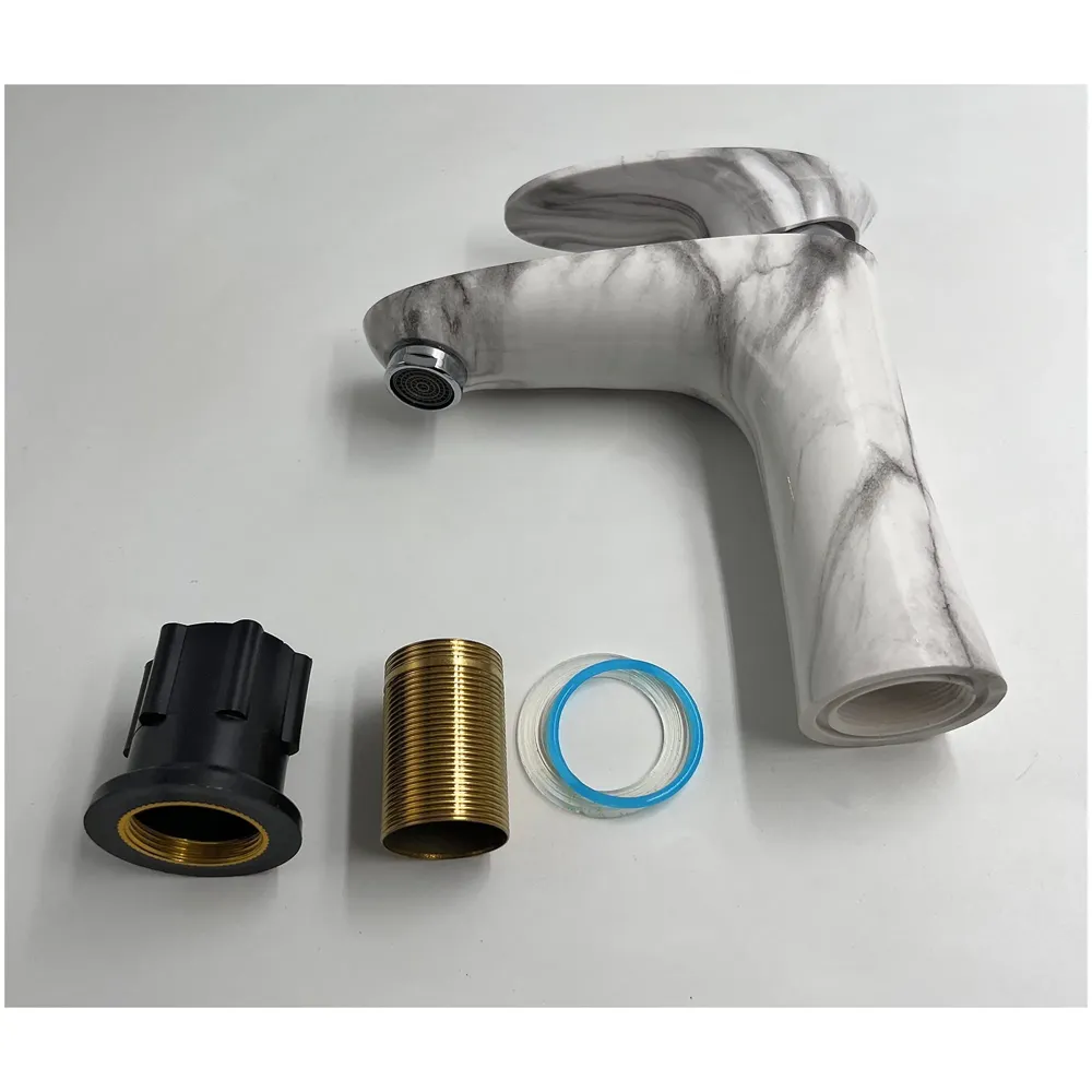 PVC Basin Tap Faucet Mixer White Marble Design for Bathroom Toilet Wash Basins Hot and Cold Water Tap Short Body - 7 Inches