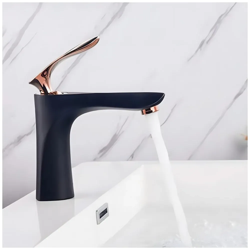 Black Rose Gold Faucet Tap Mixer Hot and Cold Water Heavy Single Lever Basin Mixer 7 inches with Connector Pipes and Ceramic Cartridge for Bathroom Wash Basins