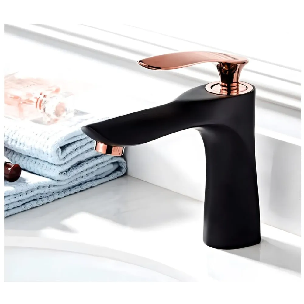 Black Rose Gold Faucet Tap Mixer Hot and Cold Water Heavy Single Lever Basin Mixer 7 inches with Connector Pipes and Ceramic Cartridge for Bathroom Wash Basins