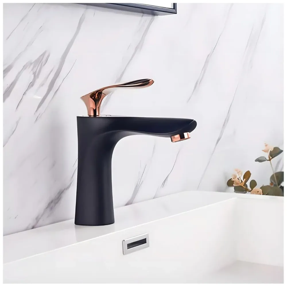 Black Rose Gold Faucet Tap Mixer Hot and Cold Water Heavy Single Lever Basin Mixer 7 inches with Connector Pipes and Ceramic Cartridge for Bathroom Wash Basins