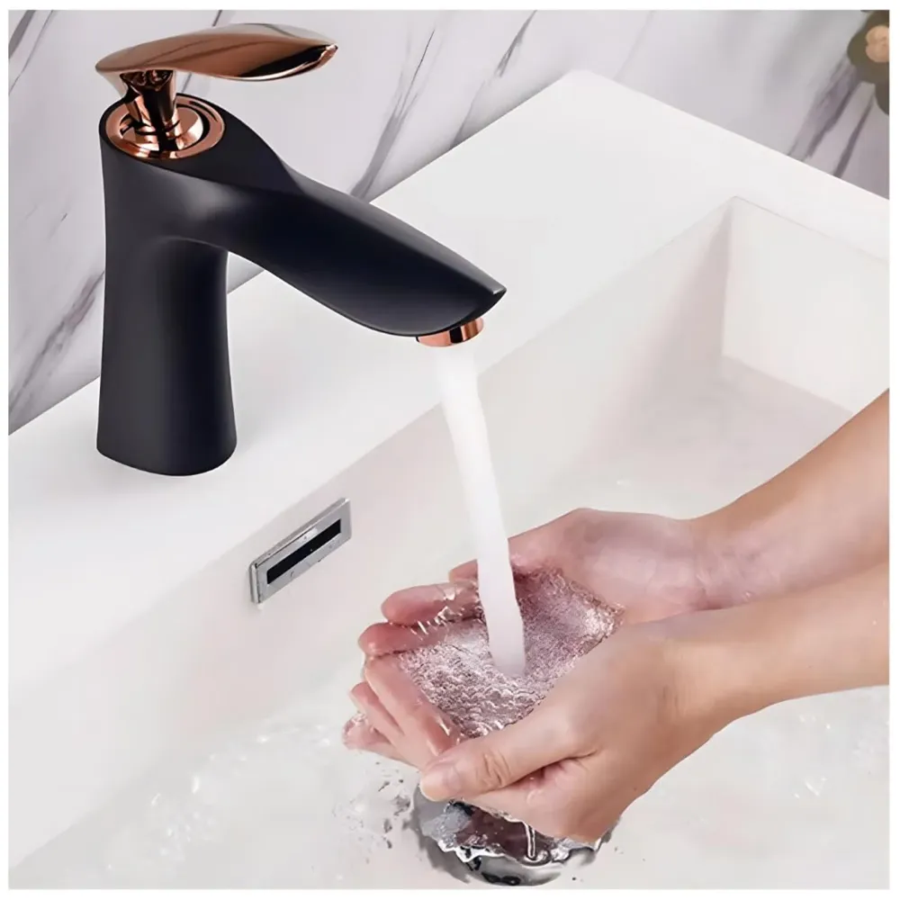 Black Rose Gold Faucet Tap Mixer Hot and Cold Water Heavy Single Lever Basin Mixer 7 inches with Connector Pipes and Ceramic Cartridge for Bathroom Wash Basins