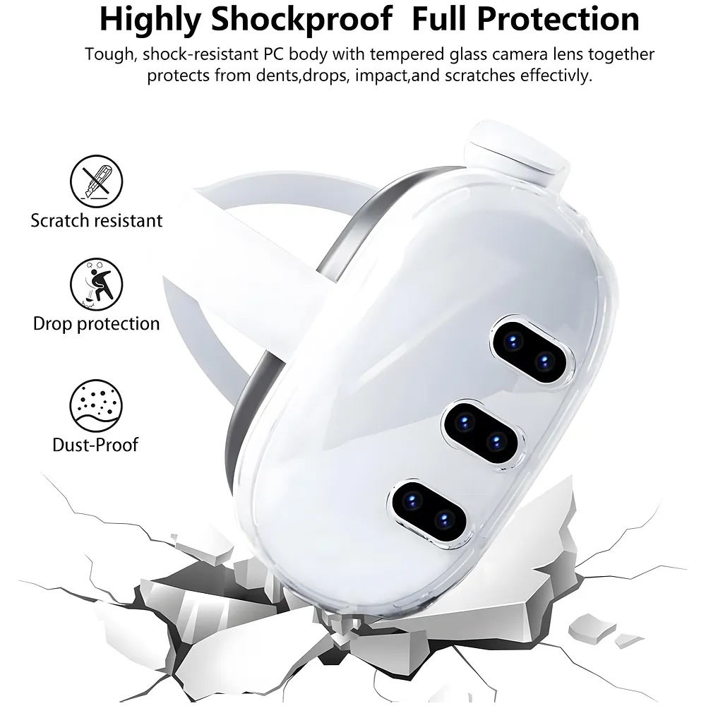 Protective Case Compatible with Meta Quest 3, Shockproof and Scratch Resistant, Highly Transparent Case with Headset Cover, Glass Camera Lens, Joystick Caps. VR Accessories