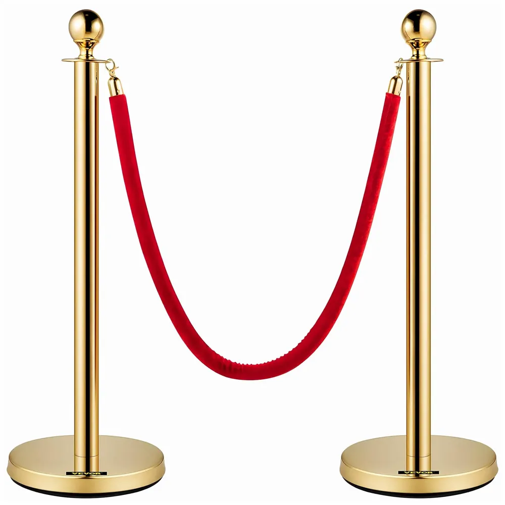 Gold Queue Manager With Velvet Rope - 2 Pcs Posts,1 Pc 5 ft Red Velvet Rope, Stanchion Post with Ball Top, Crowd Control Barriers, Red Carpet Poles, Queue Manager Royal Collection