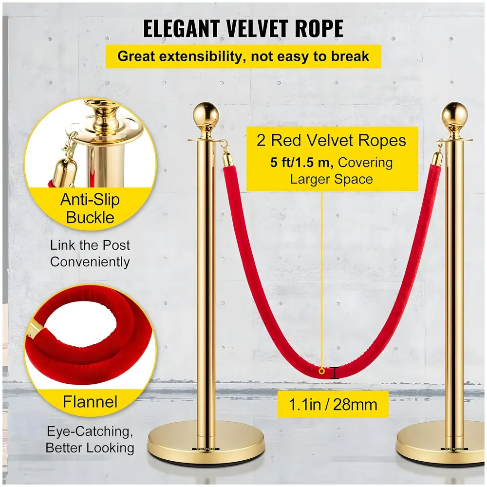 Gold Queue Manager With Velvet Rope - 2 Pcs Posts,1 Pc 5 ft Red Velvet Rope, Stanchion Post with Ball Top, Crowd Control Barriers, Red Carpet Poles, Queue Manager Royal Collection - 5