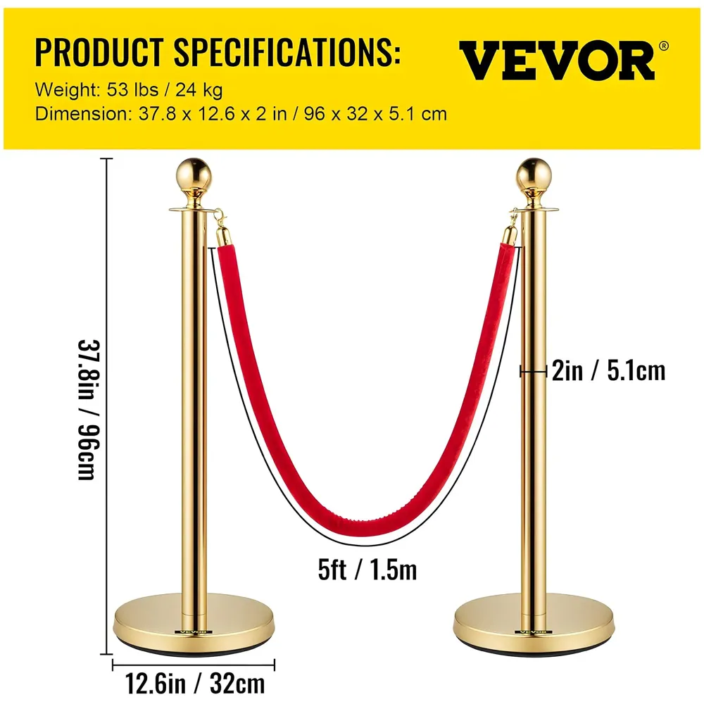 Gold Queue Manager With Velvet Rope - 2 Pcs Posts,1 Pc 5 ft Red Velvet Rope, Stanchion Post with Ball Top, Crowd Control Barriers, Red Carpet Poles, Queue Manager Royal Collection - 6