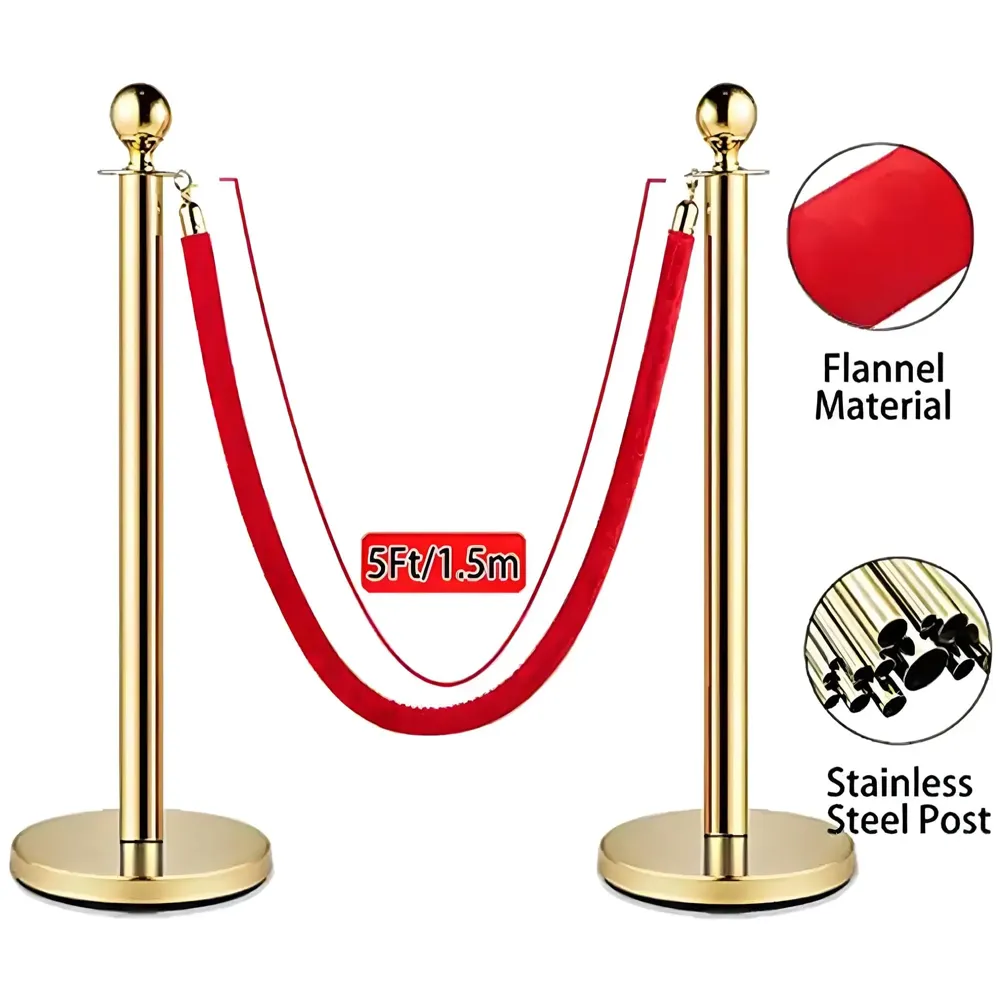 Gold Queue Manager With Velvet Rope - 2 Pcs Posts,1 Pc 5 ft Red Velvet Rope, Stanchion Post with Ball Top, Crowd Control Barriers, Red Carpet Poles, Queue Manager Royal Collection - 7