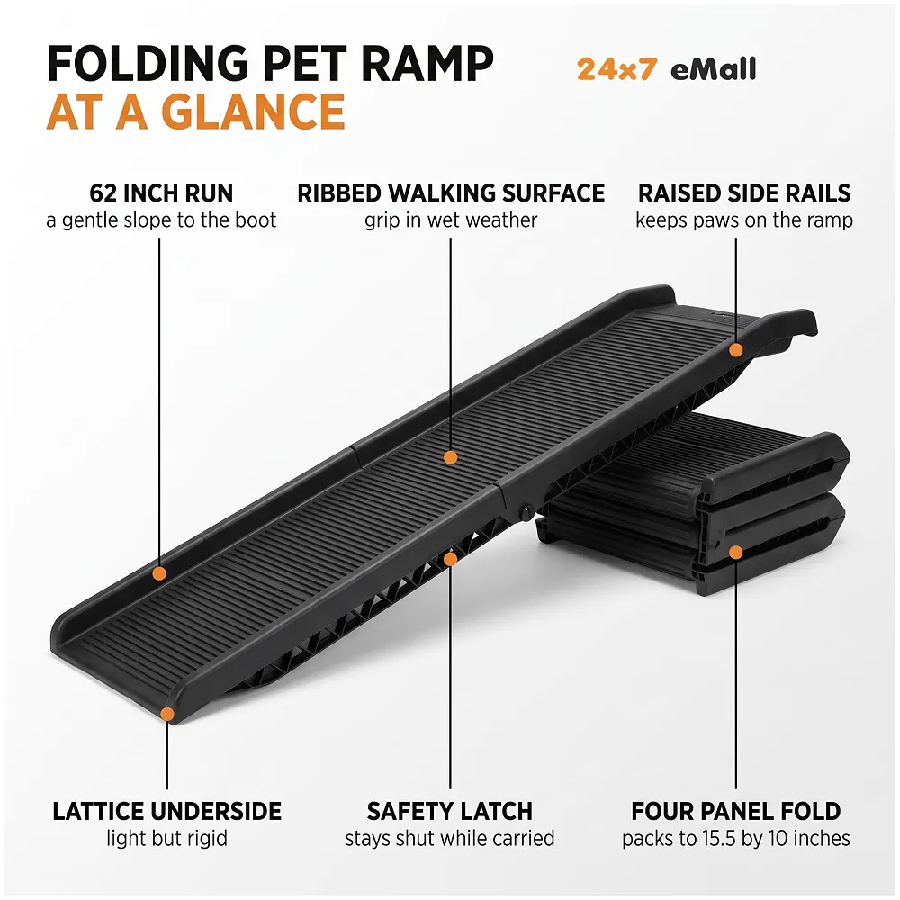 Folding Dog Ramp for Cars 62 x 15.5 x 3.5 Inches Black, 4 Times Folding (15.5 x 10 Inch) for Storage, Pet Car Ramp Stairs