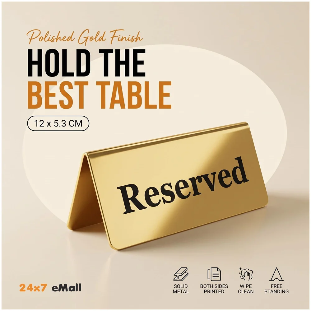 Pack of 3 Reserved Table Sign Gold Metal 12 x 5.3 cm Restaurants
