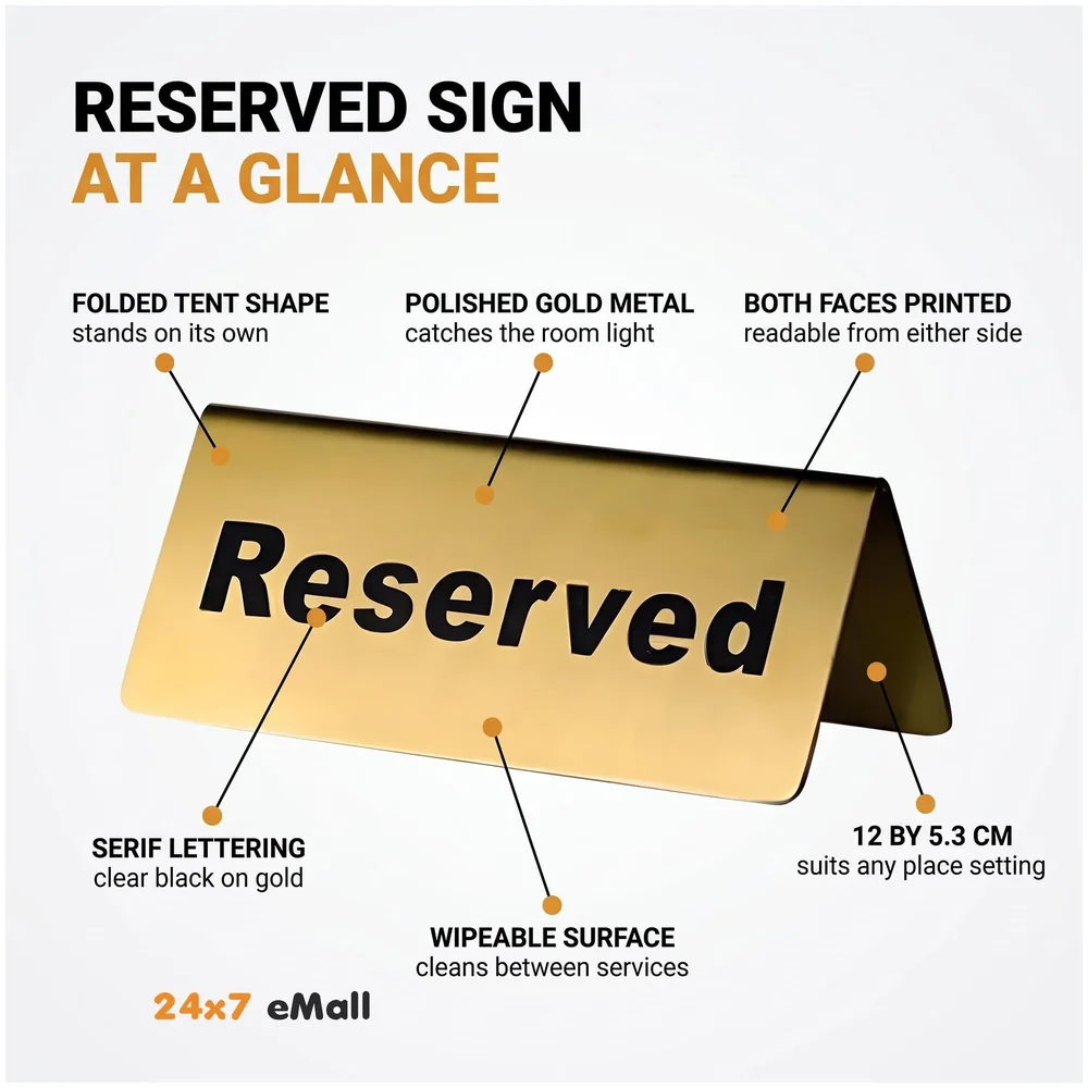 Pack of 3 Reserved Table Sign Gold Metal 12 x 5.3 cm Restaurants