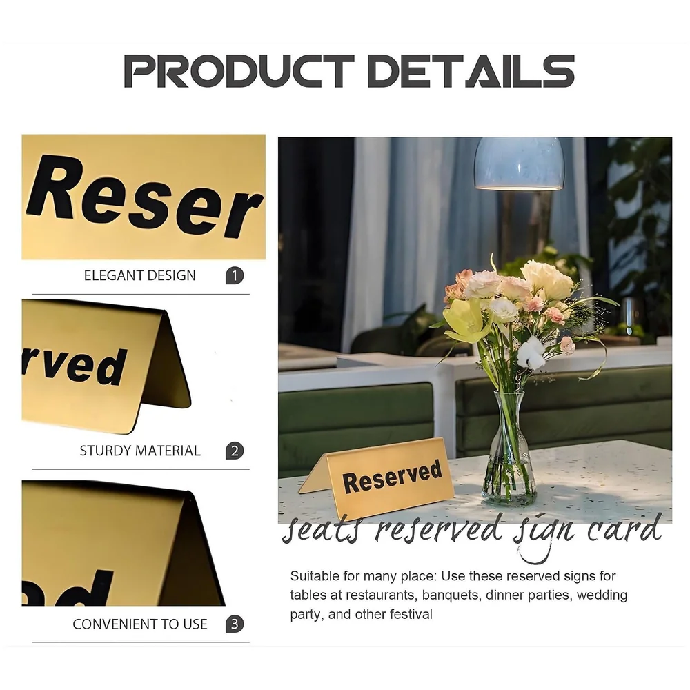 Pack of 3 Reserved Table Sign Gold Metal 12 x 5.3 cm Restaurants