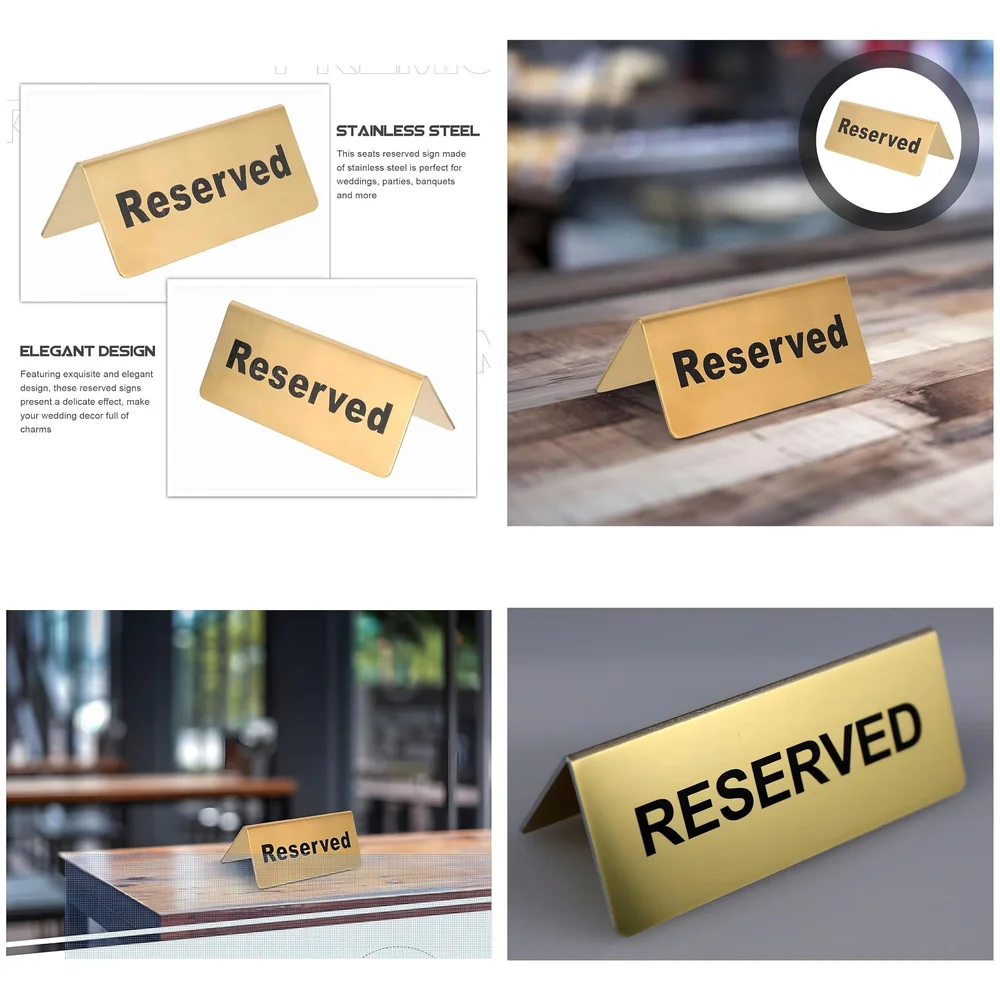 Pack of 3 Reserved Table Sign Gold Metal 12 x 5.3 cm Restaurants