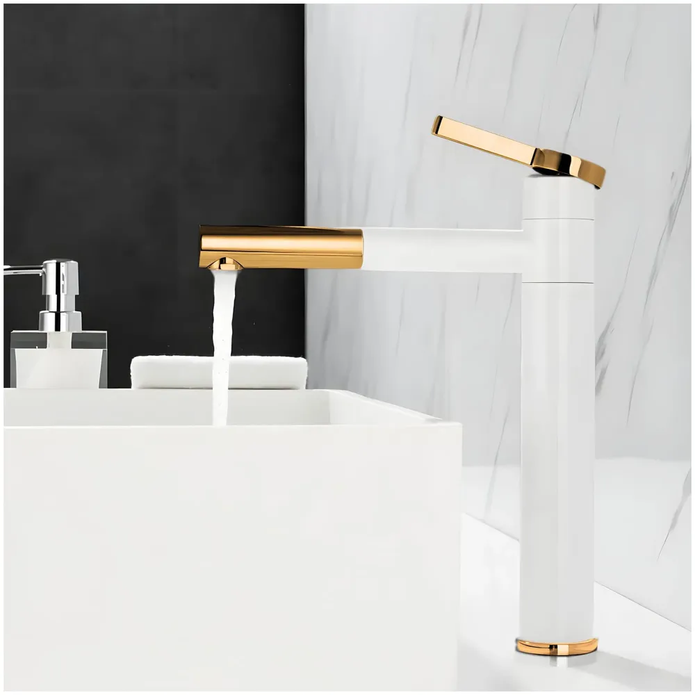 White Gold Basin Tap Basin Mixer Faucet Tap Hot and Cold, White Waterfall for Bathroom Wash Basin Sink Toilets 12 Inch Height