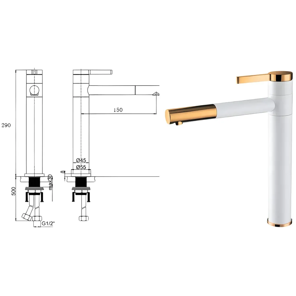 White Gold Basin Tap Basin Mixer Faucet Tap Hot and Cold, White Waterfall for Bathroom Wash Basin Sink Toilets 12 Inch Height