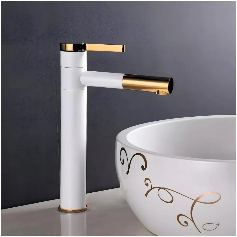 White Gold Basin Tap Basin Mixer Faucet Tap Hot and Cold, White Waterfall for Bathroom Wash Basin Sink Toilets 12 Inch Height