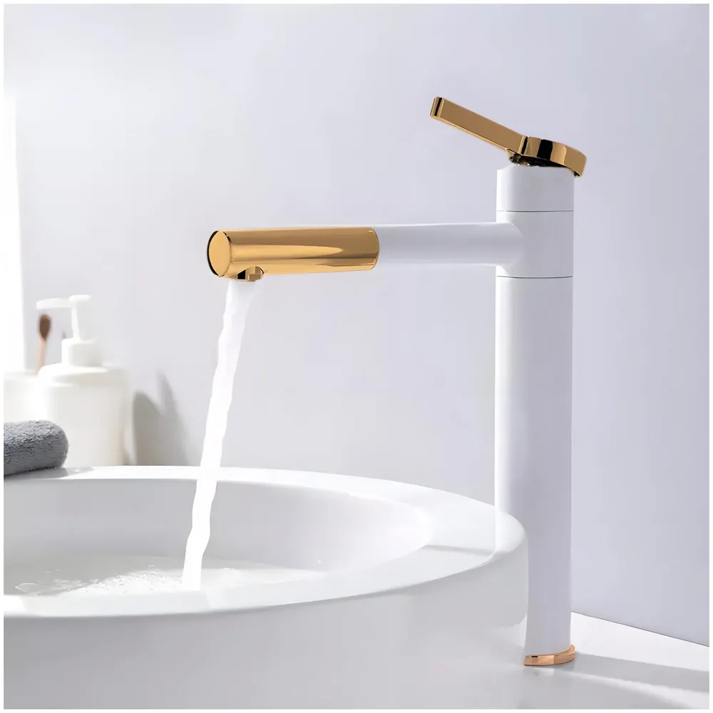 White Gold Basin Tap Basin Mixer Faucet Tap Hot and Cold, White Waterfall for Bathroom Wash Basin Sink Toilets 12 Inch Height