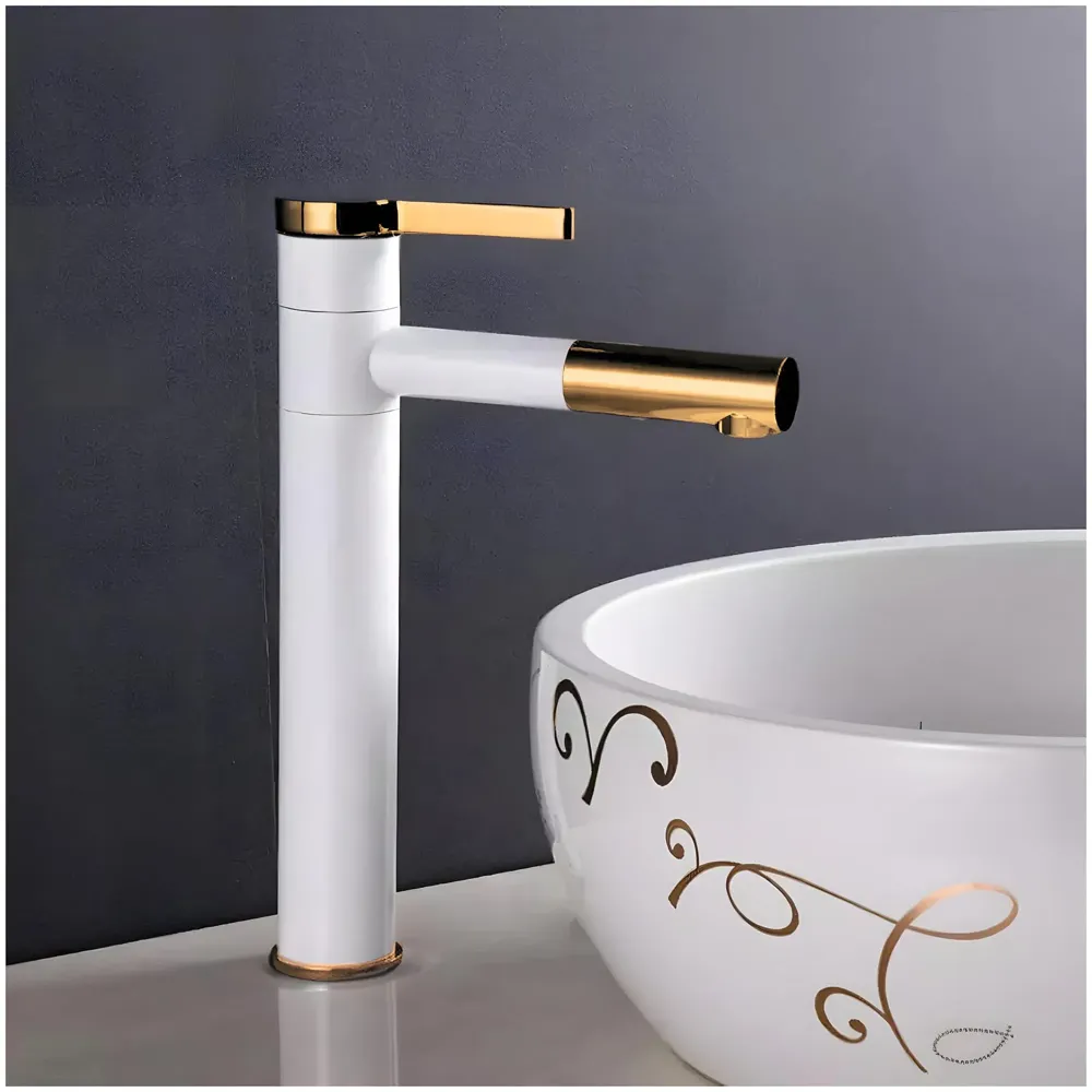 White Gold Basin Tap Basin Mixer Faucet Tap Hot and Cold, White Waterfall for Bathroom Wash Basin Sink Toilets 12 Inch Height