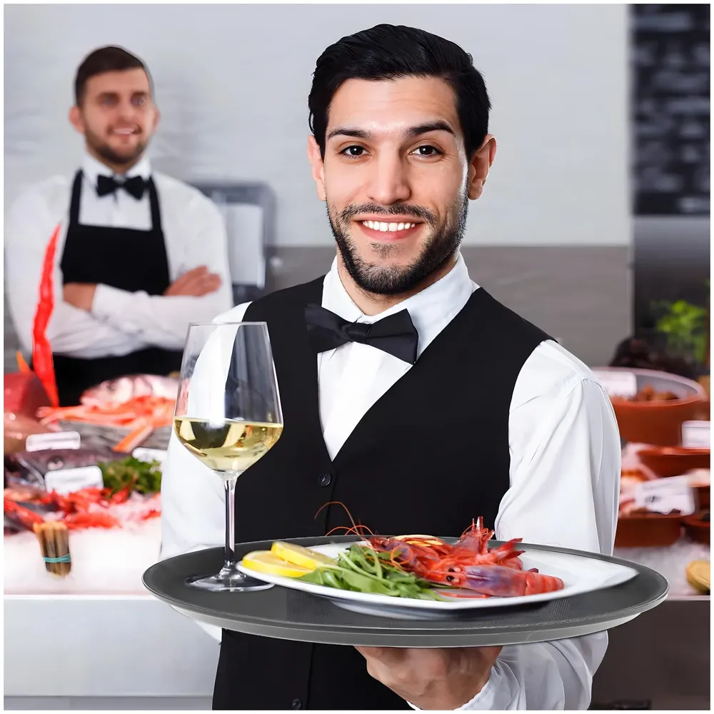 Server Tray Waiter Salver 14 Inch Round Serving Tray Restaurant Serving Tray Non-Slip Bar Tray Coffee Black, with Non-Skid Rubber Lined for Cafe Restaurants, Bars, and Banquet Halls Hotels