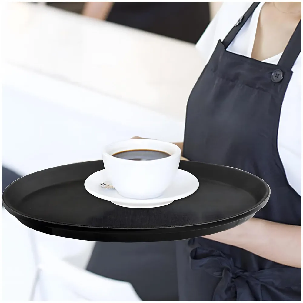 Server Tray Waiter Salver 14 Inch Round Serving Tray Restaurant Serving Tray Non-Slip Bar Tray Coffee Black, with Non-Skid Rubber Lined for Cafe Restaurants, Bars, and Banquet Halls Hotels