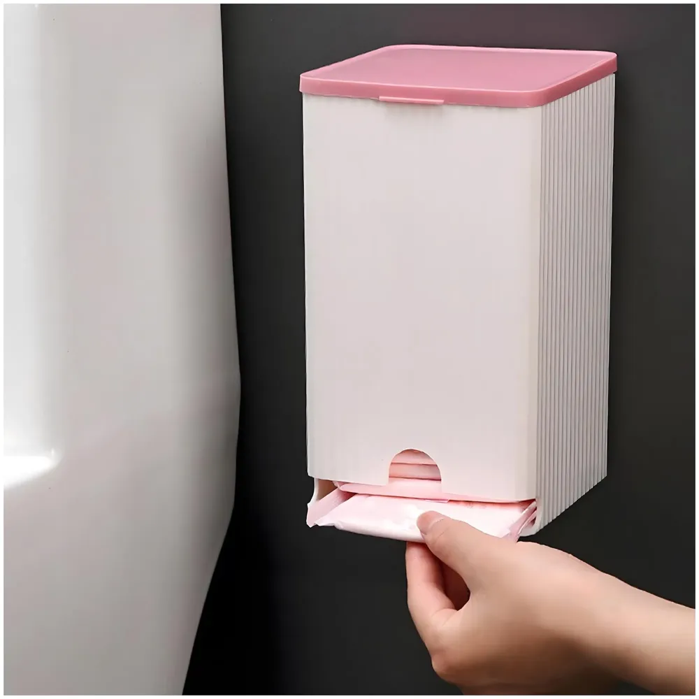 Sanitary Pads Dispenser Wall-Mounted Sanitary Napkin Storage Box Dust-Proof- Pink White 19.5cm x 11.5cm