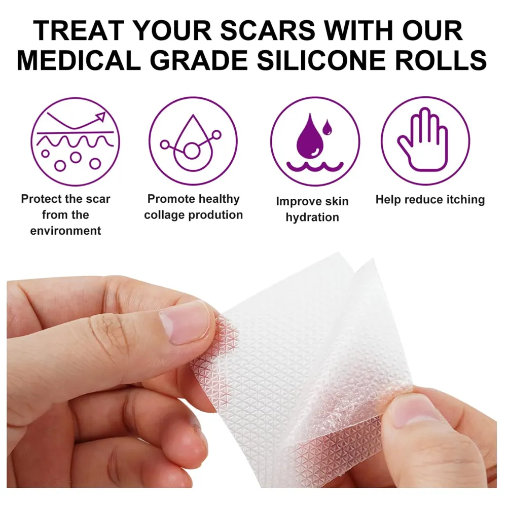 Bioline Clear Silicon Scar Sheet 4 x 150 Cm for Healing Scars Transparent tear silicone tape roll for hypertrophic scars and keloids caused by surgery, medical silicone for scar removal