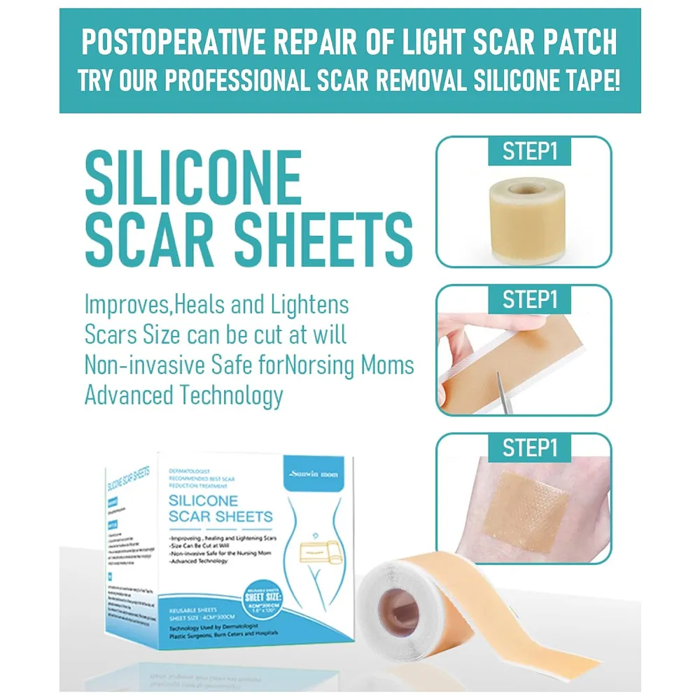 Silicon Scar Sheet 4 x 150 Cm for Healing Scars Transparent tear silicone tape roll for hypertrophic scars and keloids caused by surgery, medical silicone for scar removal Premium
