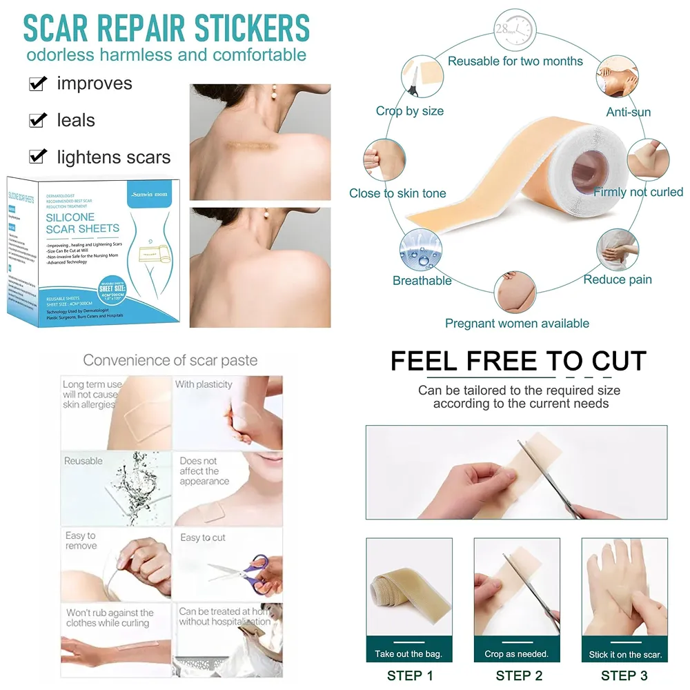 Silicon Scar Sheet 4 x 150 Cm for Healing Scars Transparent tear silicone tape roll for hypertrophic scars and keloids caused by surgery, medical silicone for scar removal Premium