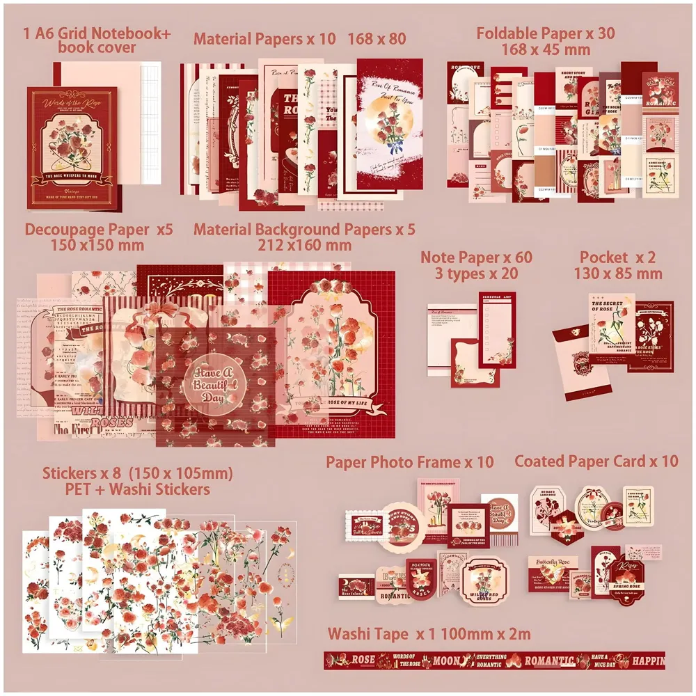 346pcs Journal Supplies Kit Vintage Scrapbook Stickers Art journaling kit. Journal Schedulers DIY Paper Stickers for Decoration Notebook Collage Album Aesthetic Tape (Rose) - 2