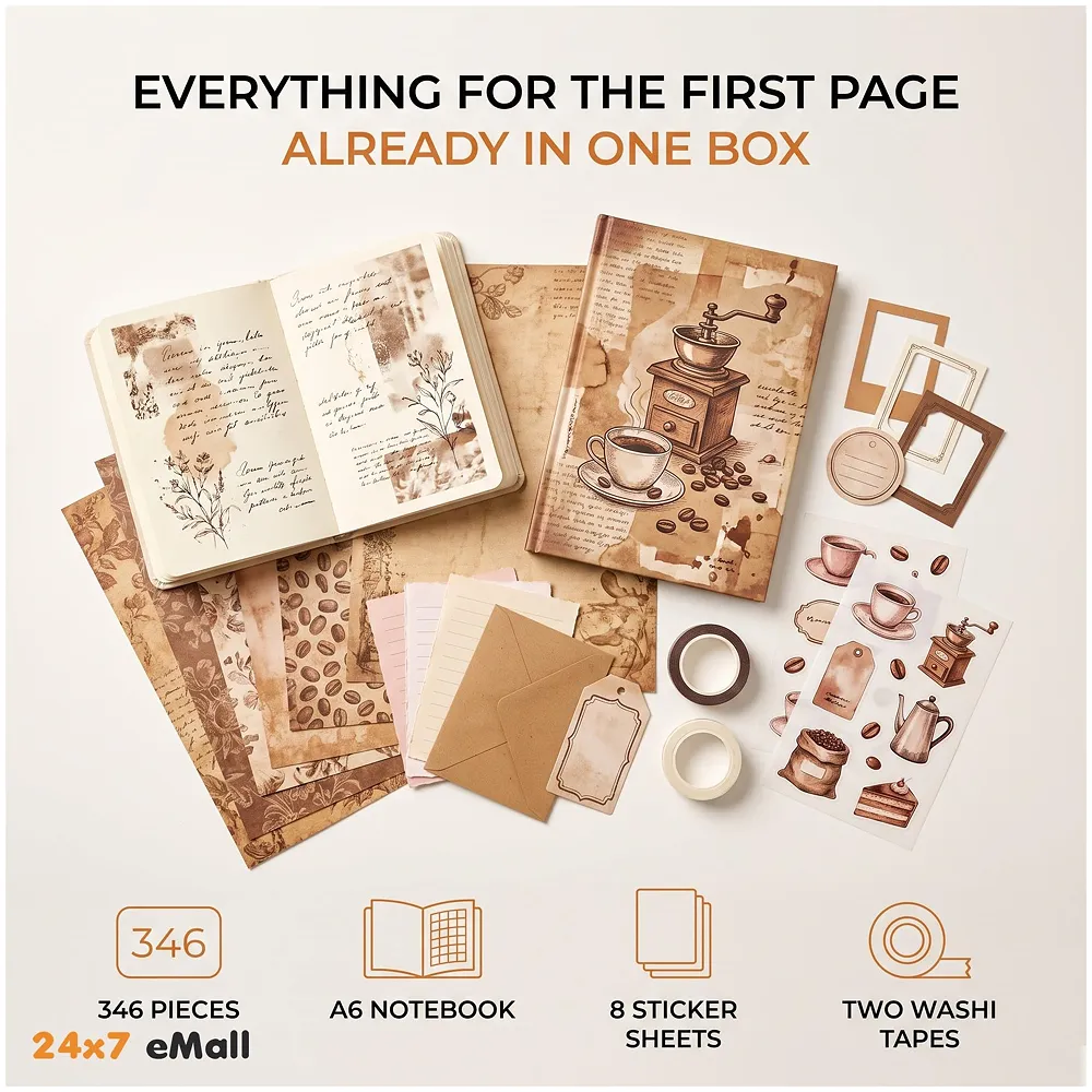 346 Pcs Journal Kit Vintage Scrapbook Stickers Coffee DIY Set