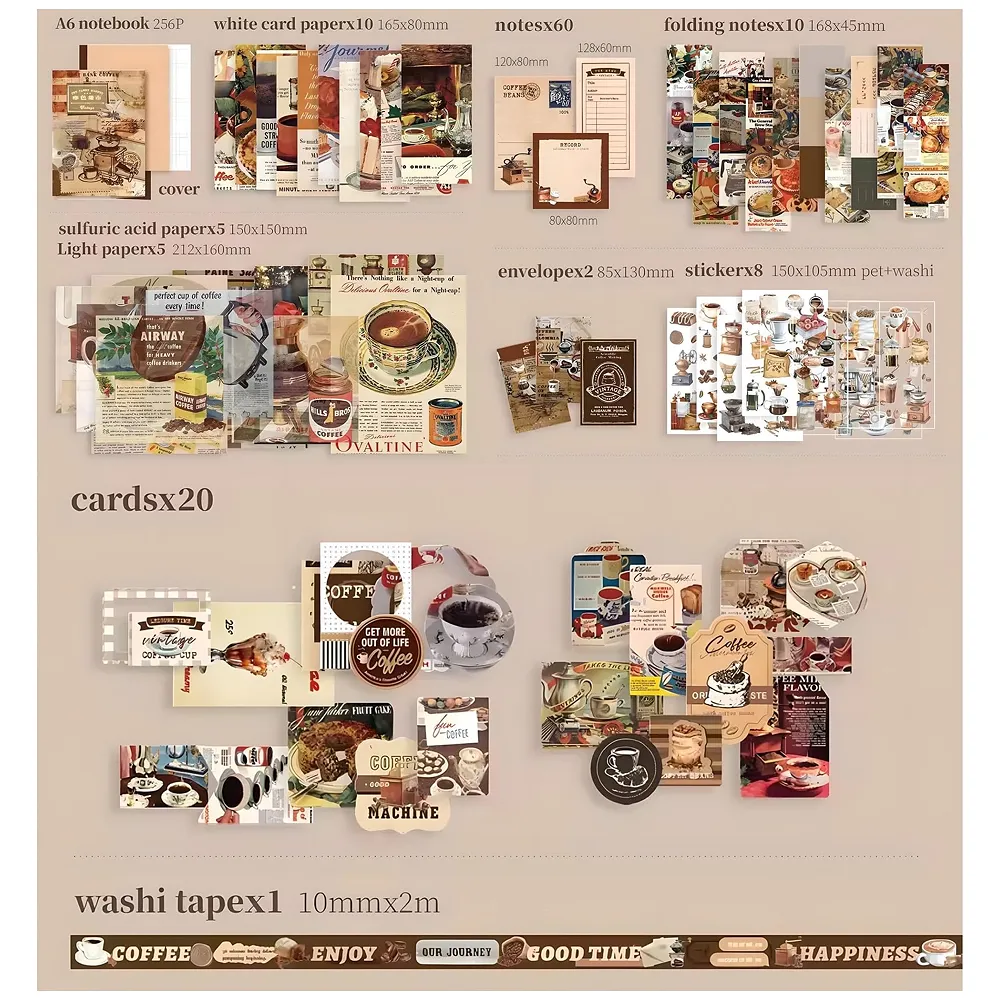 346 Pcs Journal Kit Vintage Scrapbook Stickers Coffee DIY Set