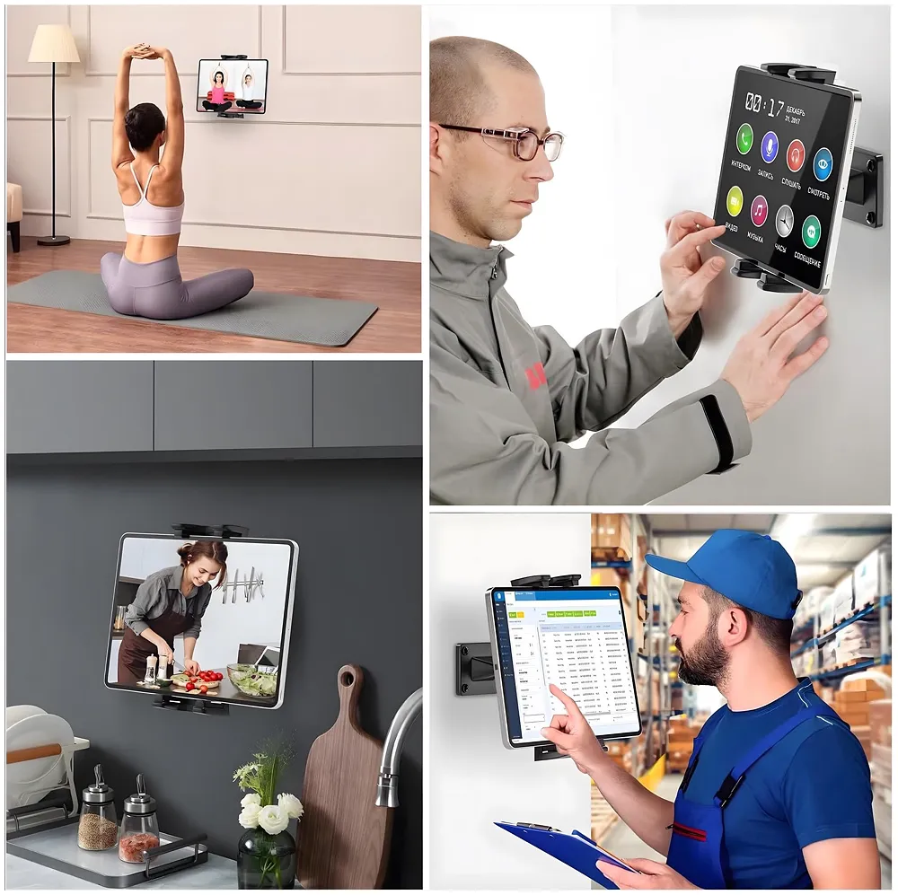 4.7"–13" Wall Mount Tablet & Phone Holder | 360° Adjustable Ball Joint | 4.7"–13" Clamp | Silicone Grip Pads | Double Screw Fixed | Kitchen Gym Office | Anchors Included