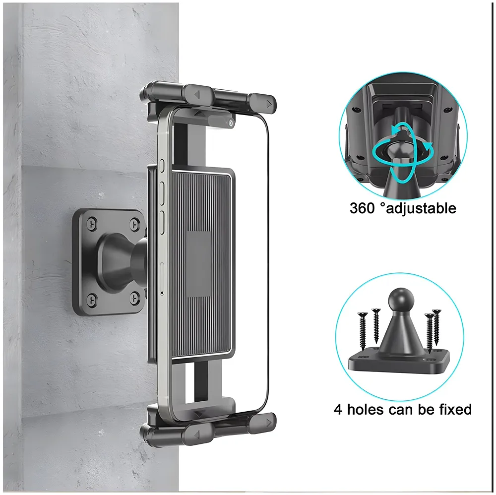 4.7"–13" Wall Mount Tablet & Phone Holder | 360° Adjustable Ball Joint | 4.7"–13" Clamp | Silicone Grip Pads | Double Screw Fixed | Kitchen Gym Office | Anchors Included