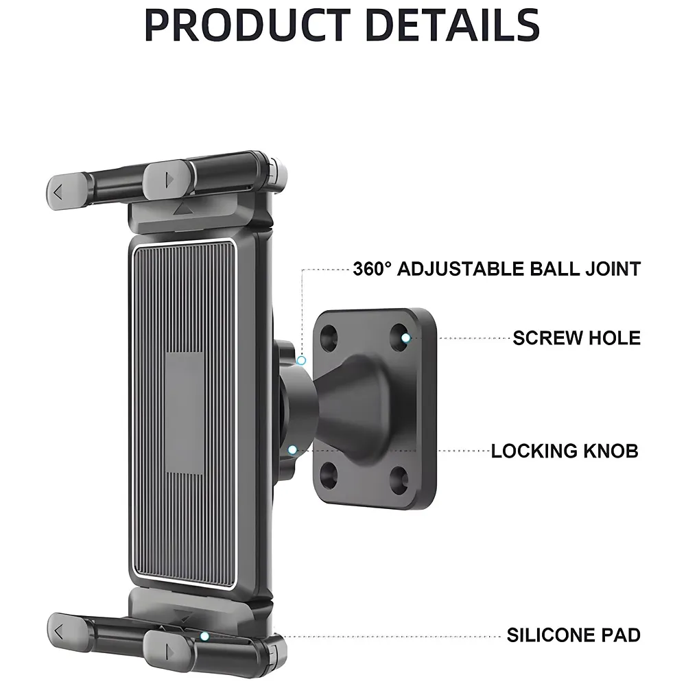 4.7"–13" Wall Mount Tablet & Phone Holder | 360° Adjustable Ball Joint | 4.7"–13" Clamp | Silicone Grip Pads | Double Screw Fixed | Kitchen Gym Office | Anchors Included