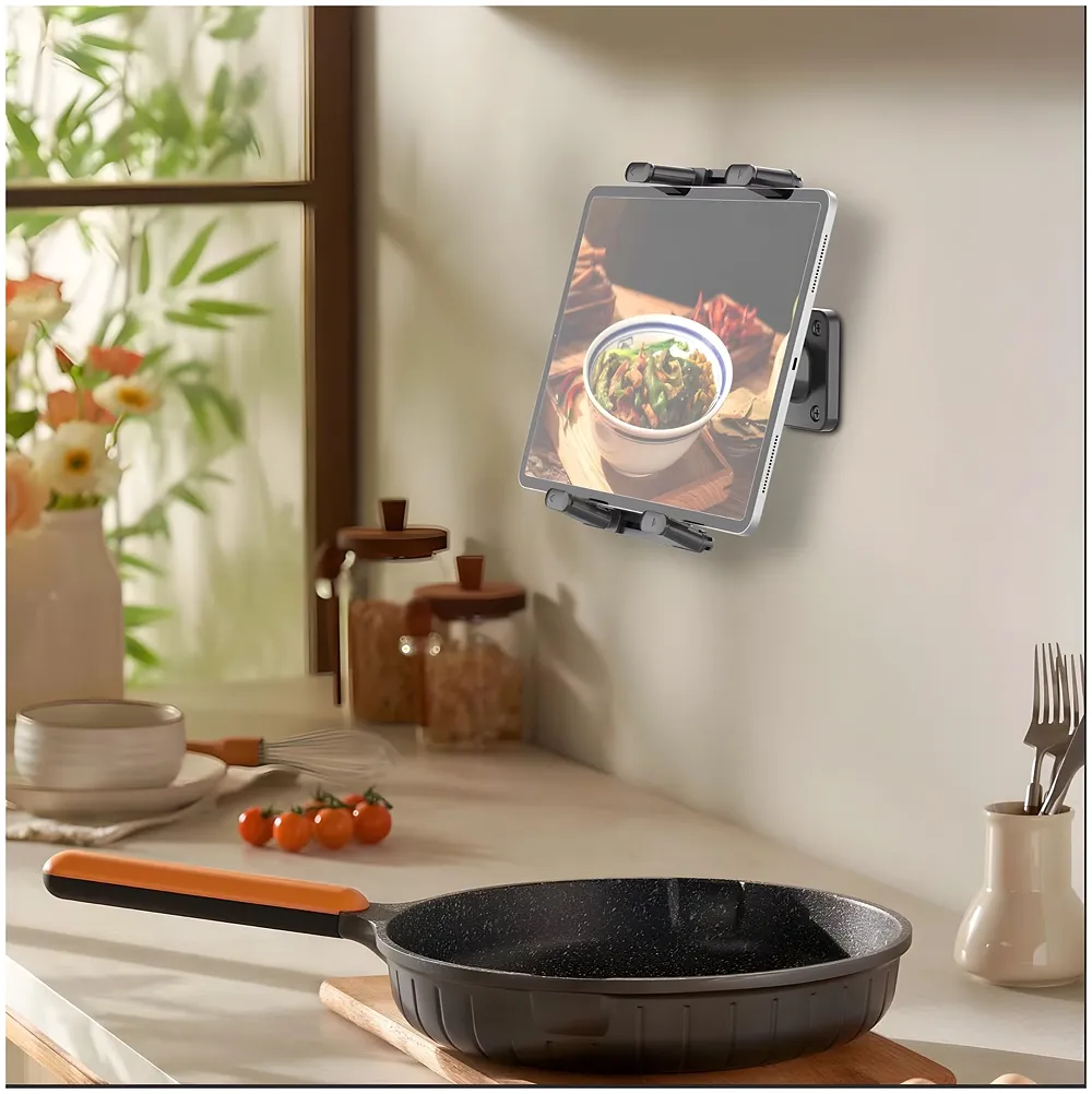 4.7"–13" Wall Mount Tablet & Phone Holder | 360° Adjustable Ball Joint | 4.7"–13" Clamp | Silicone Grip Pads | Double Screw Fixed | Kitchen Gym Office | Anchors Included