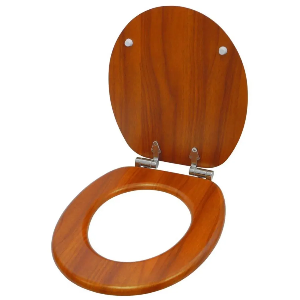 MDF Wood Wooden Finish Regular Commode Toilet Seat Cover Round, Comfortable, MDF Wood, Metal Hinges Mahogany