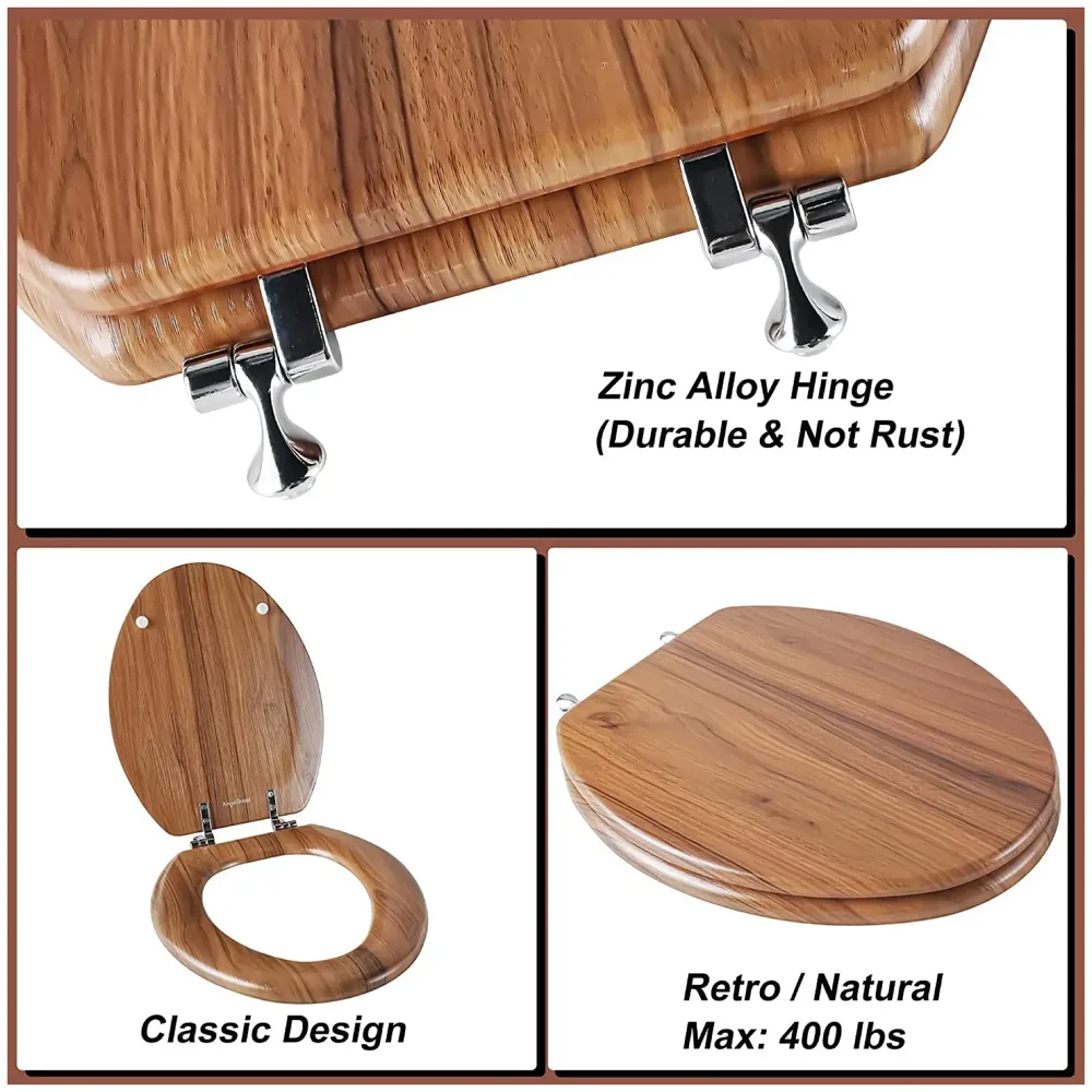 MDF Wooden Finish Regular Round Commode Toilet Seat Cover, Comfortable, Metal Hinges, Wooden SeatCover Natural oak