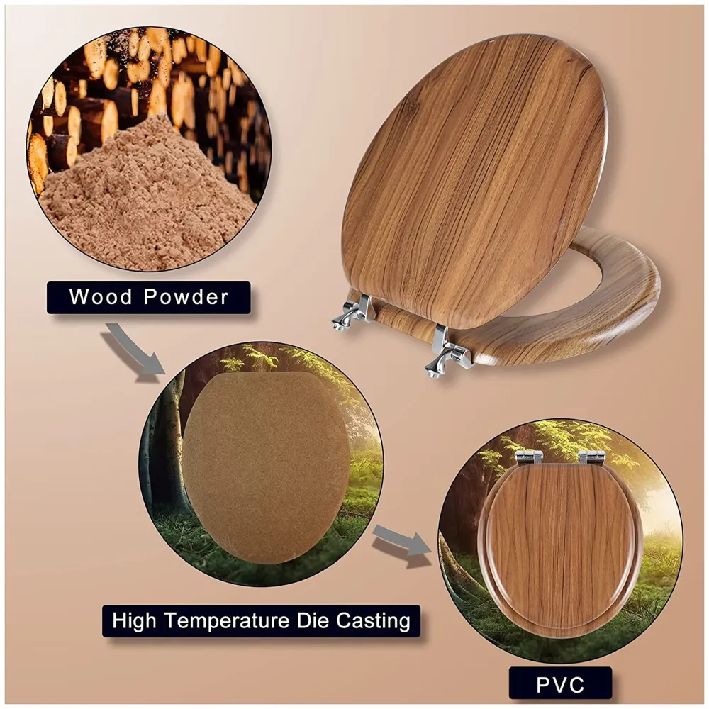 MDF Wooden Finish Regular Round Commode Toilet Seat Cover, Comfortable, Metal Hinges, Wooden SeatCover Natural oak