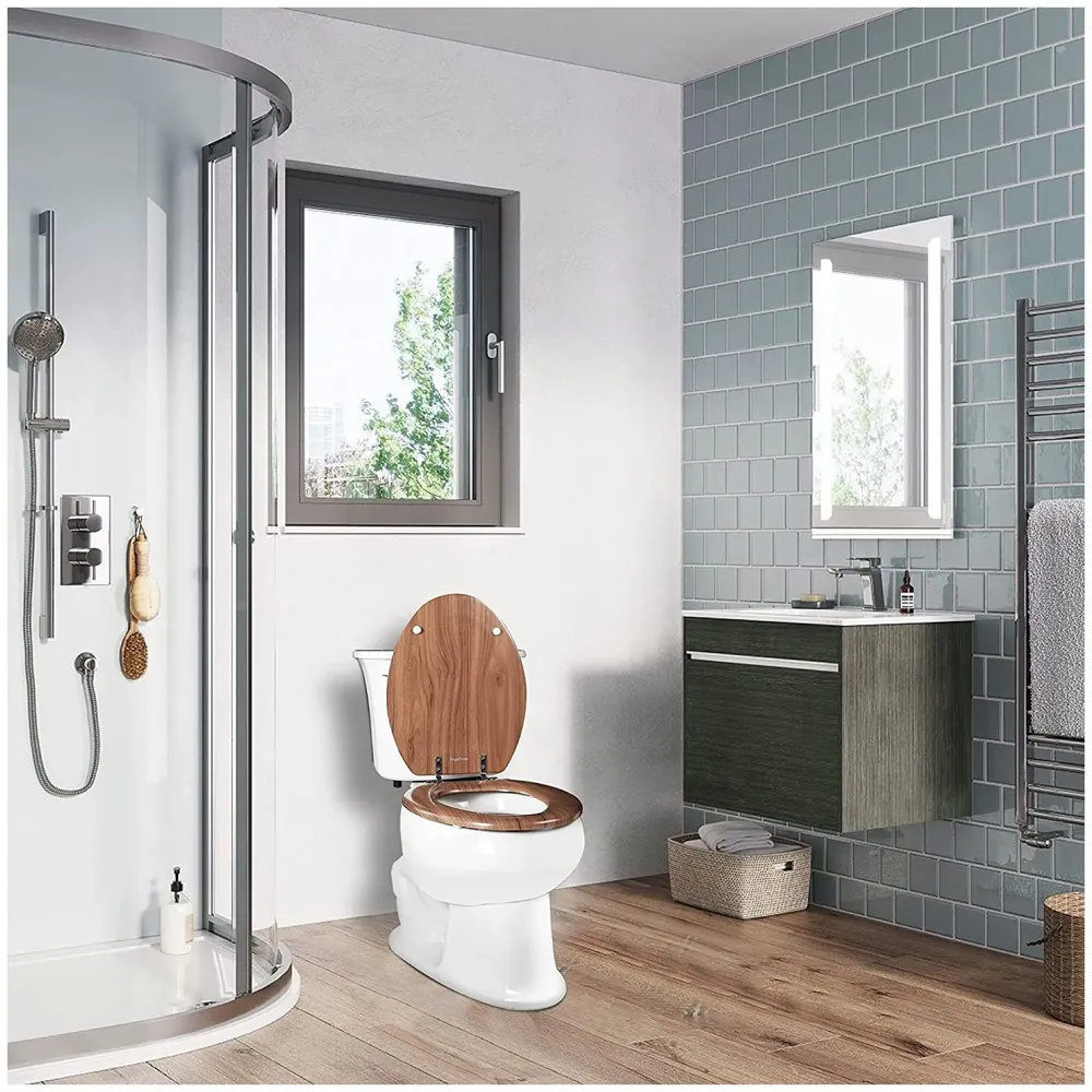 MDF Wooden Finish Regular Round Commode Toilet Seat Cover, Comfortable, Metal Hinges, Wooden SeatCover Natural oak