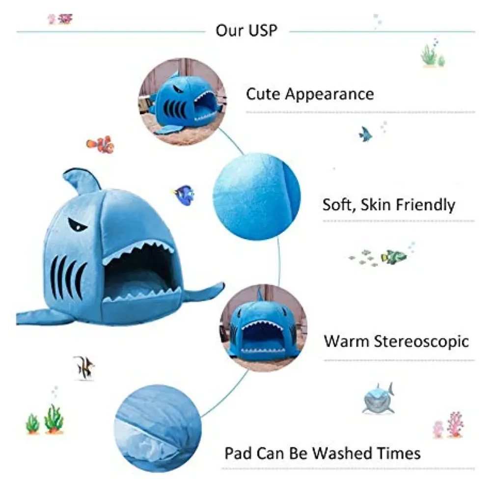 Shark Pet House with Removable Bed Cushion Mat for Dogs and Cats (Regular 42 x 42 x 38 Cm)