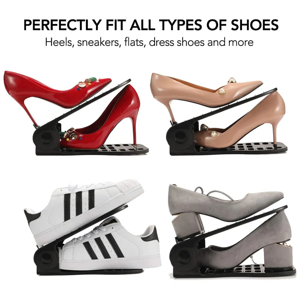 4pc Shoe Slots Organizer, Home Double Layer Shoe Slots Organizer-Space Saver Rack Holder for Shoes Adjustable Space Saver Storage Rack Holder (Blue, 4)